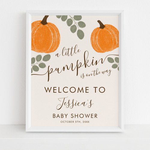 Cute Pumpkin Eucalyptus Fall Baby Shower Welcome Poster
