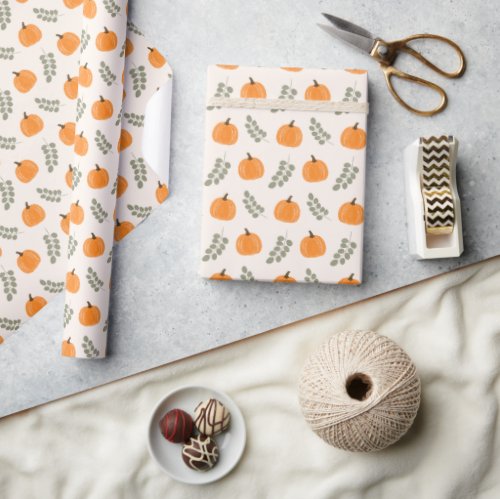 Cute Pumpkin Eucalyptus Fall Pattern Wrapping Paper