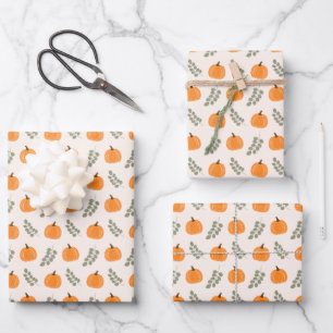 Cute Pumpkin Eucalyptus Fall Pattern Wrapping Paper Sheets