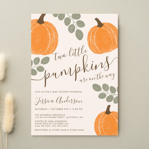 Cute Pumpkin Eucalyptus Fall Twin Baby Shower Invitation