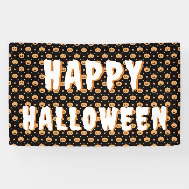 Cute Pumpkin Face Pattern Black Orange White Text Banner (Horizontal)