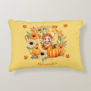 Cute Pumpkin Fairy in Autumn Wreath Accent Pillow