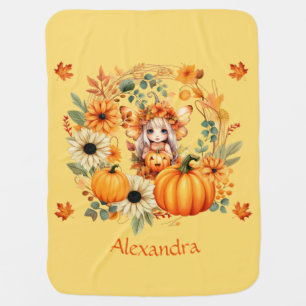 Cute Pumpkin Fairy in Autumn Wreath Baby Blanket
