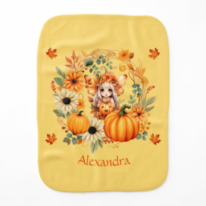 Cute Pumpkin Fairy in Autumn Wreath Baby Burp Cloth