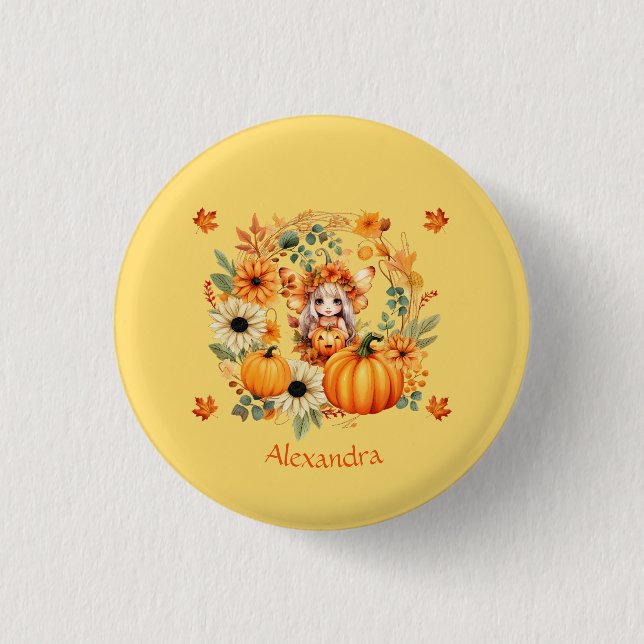 Cute Pumpkin Fairy in Autumn Wreath Button (Front)