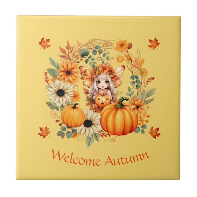 Cute Pumpkin Fairy in Autumn Wreath Ceramic Tile (Front)