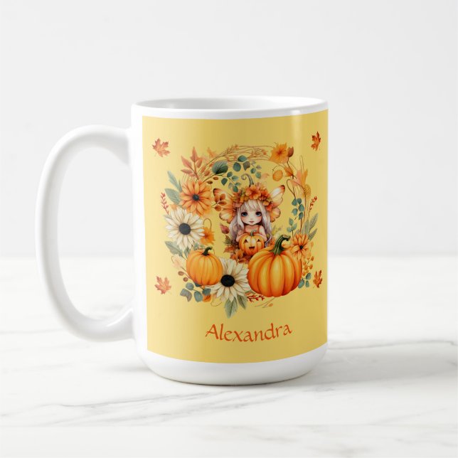 Cute Pumpkin Fairy in Autumn Wreath Coffee Mug (Left)
