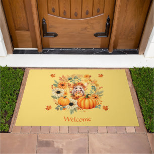 Cute Pumpkin Fairy in Autumn Wreath Doormat