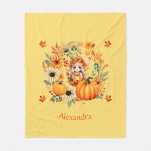 Cute Pumpkin Fairy in Autumn Wreath Fleece Blanket