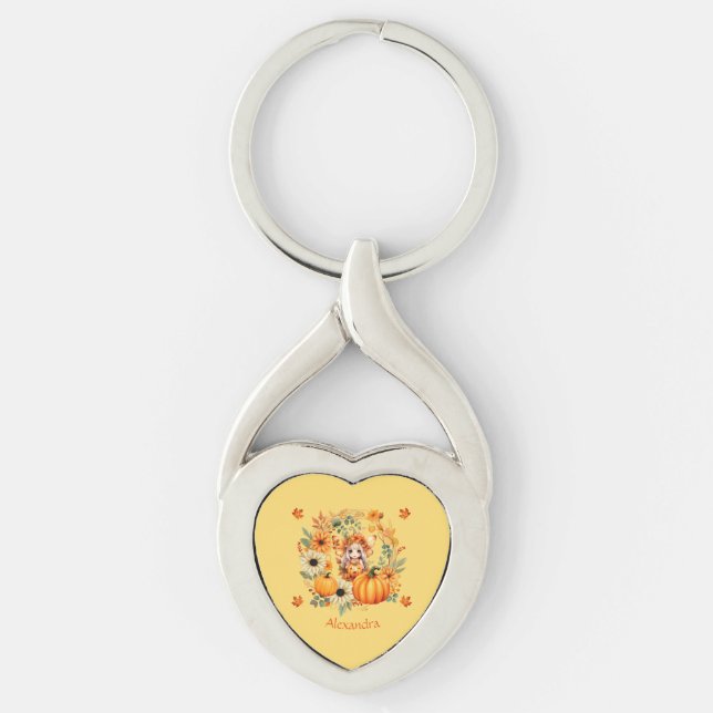 Cute Pumpkin Fairy in Autumn Wreath Keychain (Front)
