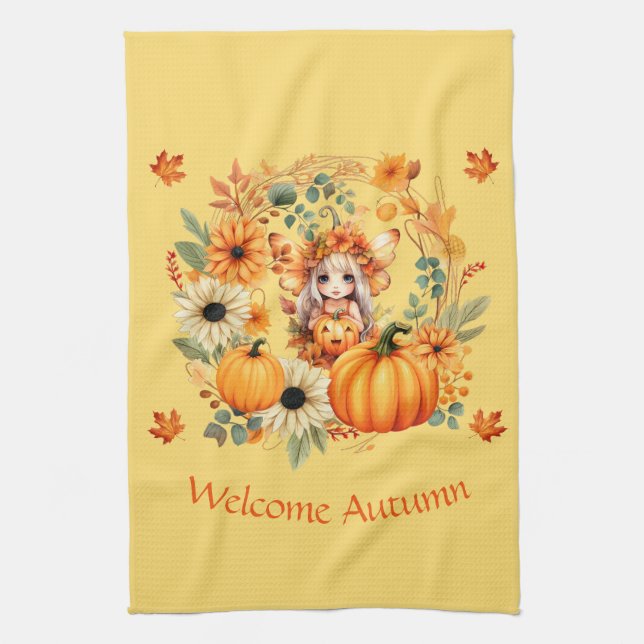 Cute Pumpkin Fairy in Autumn Wreath Kitchen Towel (Vertical)