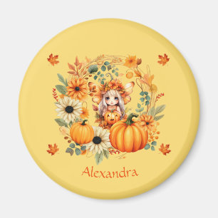Cute Pumpkin Fairy in Autumn Wreath Magnet