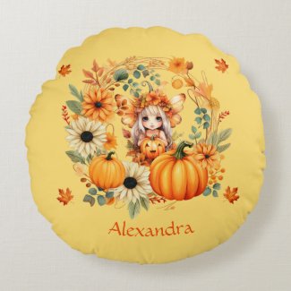 Cute Pumpkin Fairy in Autumn Wreath