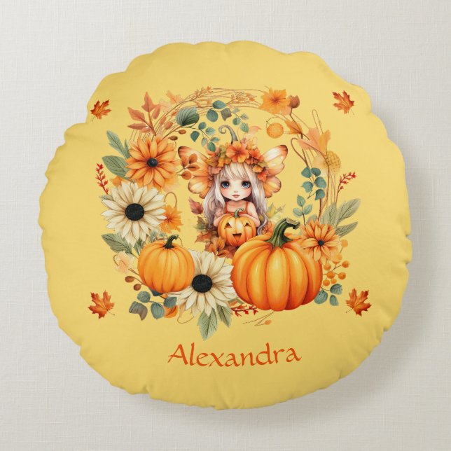 Cute Pumpkin Fairy in Autumn Wreath Round Pillow (Front)