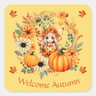 Cute Pumpkin Fairy in Autumn Wreath