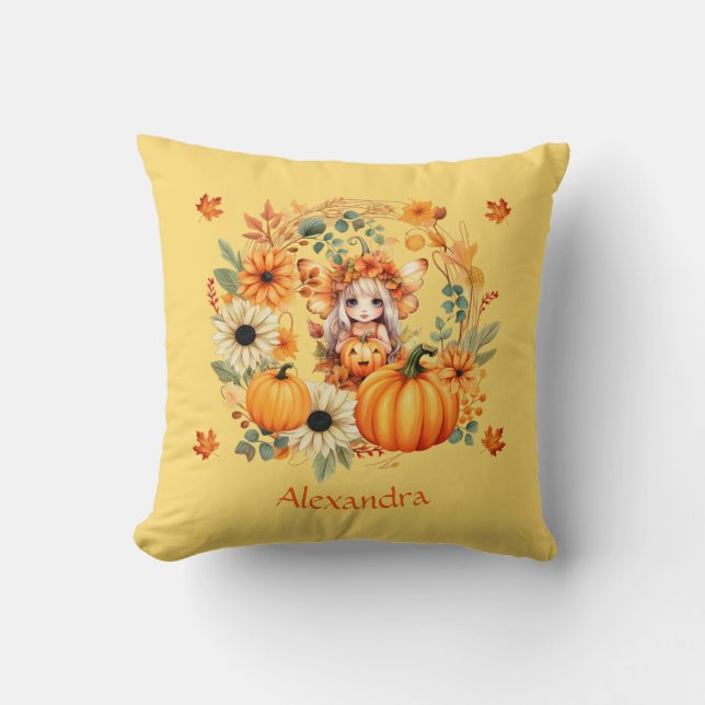 Cute Pumpkin Fairy in Autumn Wreath Throw Pillow (Front)