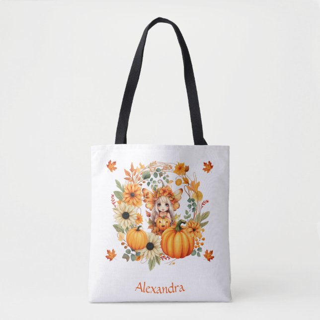 Cute Pumpkin Fairy in Autumn Wreath Tote Bag (Front)