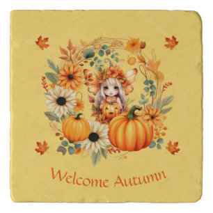 Cute Pumpkin Fairy in Autumn Wreath Trivet