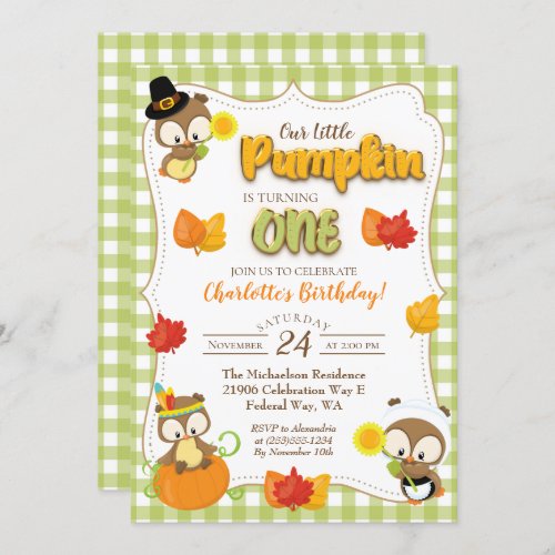 Cute Pumpkin Fall Leaves Birthday Invitation