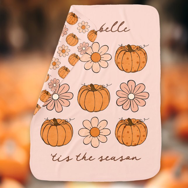 Cute Pumpkin Fall Retro Name Floral Daisy Baby Blanket (Cute Pumpkin Fall Retro Name Daisy Baby Blanket)