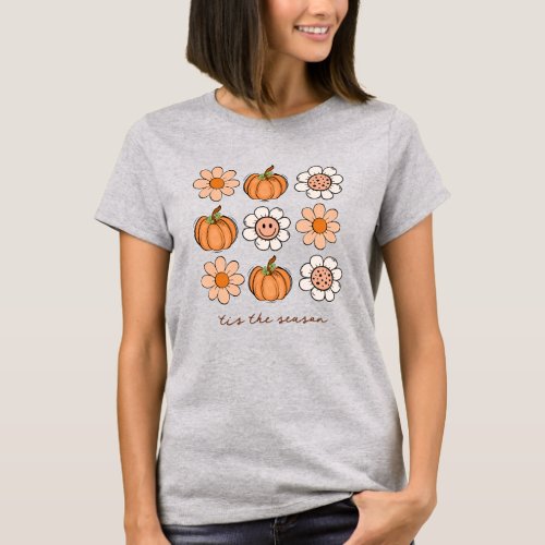 Cute Pumpkin Fall Retro Name Happy Face Flowers T_Shirt