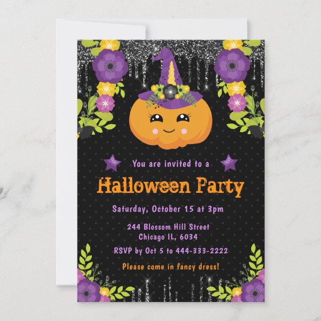 Cute Pumpkin Floral Halloween Party Invitation (Front)