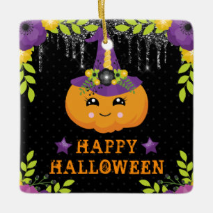 Cute Pumpkin Floral Happy Halloween Ceramic Ornament