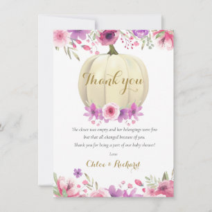 Cute Pumpkin Floral Pink Baby Shower Poem Thank Yo Thank You Card