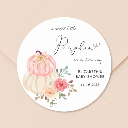 Cute Pumpkin Floral Watercolor Baby Girl Shower Classic Round Sticker