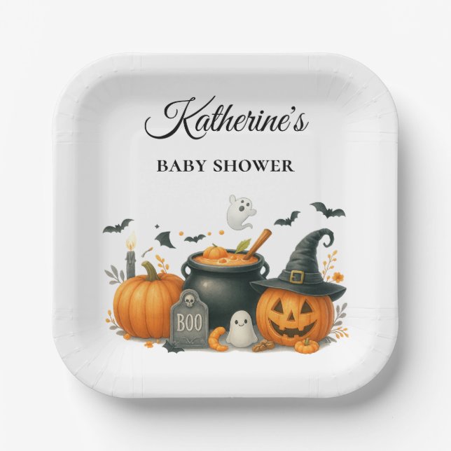 Cute Pumpkin Gender Neutral Halloween Baby Shower Paper Plates (Front)