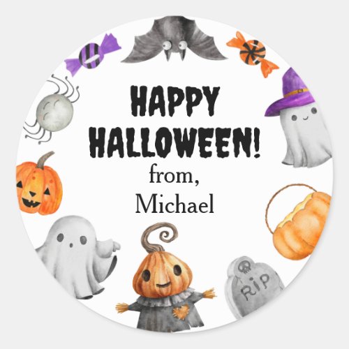 Cute Pumpkin Ghost &amp; Bat Halloween Classic Round Sticker