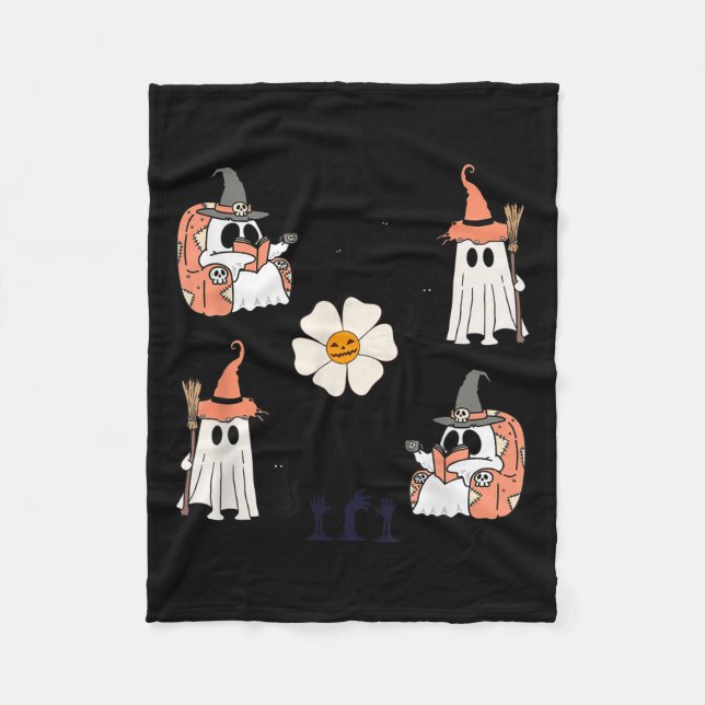 Cute Pumpkin Ghost Boo Cat Bats Pattern Halloween  Fleece Blanket (Front)