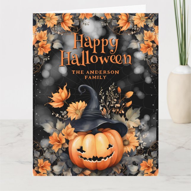 Cute Pumpkin Ghost Floral Happy Halloween Card (Front)