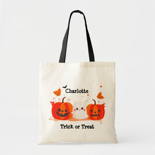 Cute Pumpkin Ghost Halloween Trick or Treat Tote Bag (Front)