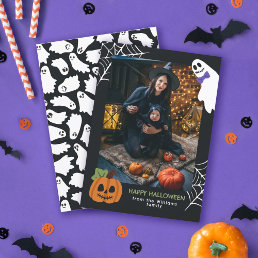 Cute Pumpkin &amp; Ghost Happy Halloween Photo Holiday Card