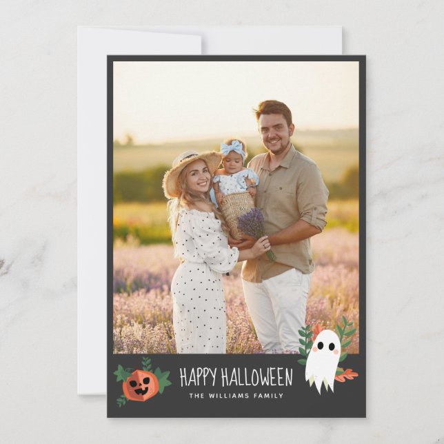 Cute Pumpkin Ghost Happy Halloween Photo Holiday Card (Front)