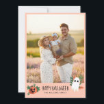 Cute Pumpkin Ghost Happy Halloween Photo Holiday Card<br><div class="desc">Wish your friends and family a happy Halloween with this blush pink photo card you personalize with a big family photo. A happy pumpkin and a cute ghost flank the charming text.</div>