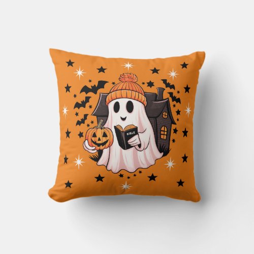 Cute Pumpkin Ghost Spooky House Throw Pillow