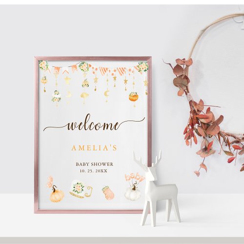 Cute Pumpkin Girl Baby Shower Welcome Sign Poster