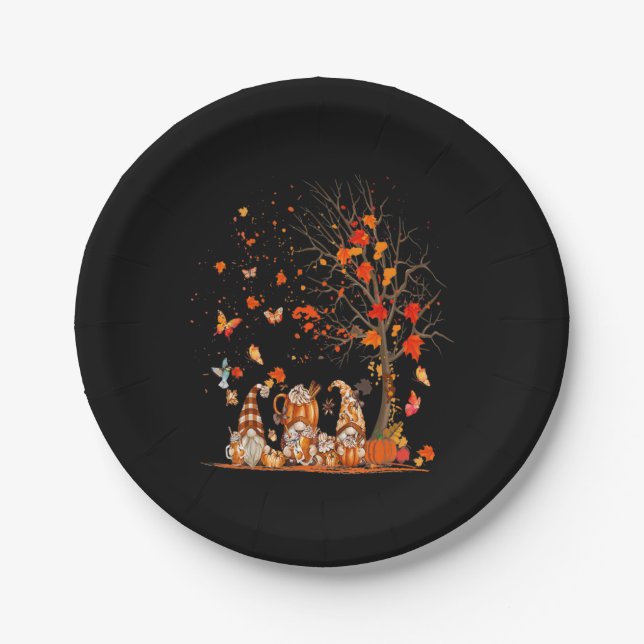 Cute Pumpkin Gnomes Autumn Tree Fall Leaves Paper Plates (Front)
