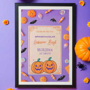 Cute pumpkin Halloween Bash Orange Purple Invitation