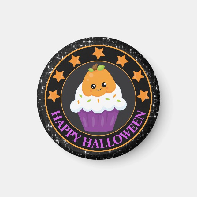 Cute Pumpkin Halloween Cupcake Magnet (Front)