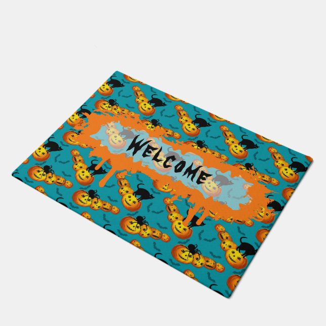Cute Pumpkin Halloween Dusty Blue Pattern Welcome Doormat (Angled)