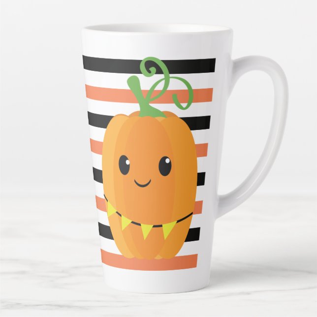 Cute Pumpkin Halloween Fall Orange Black Stripes Latte Mug (Right)