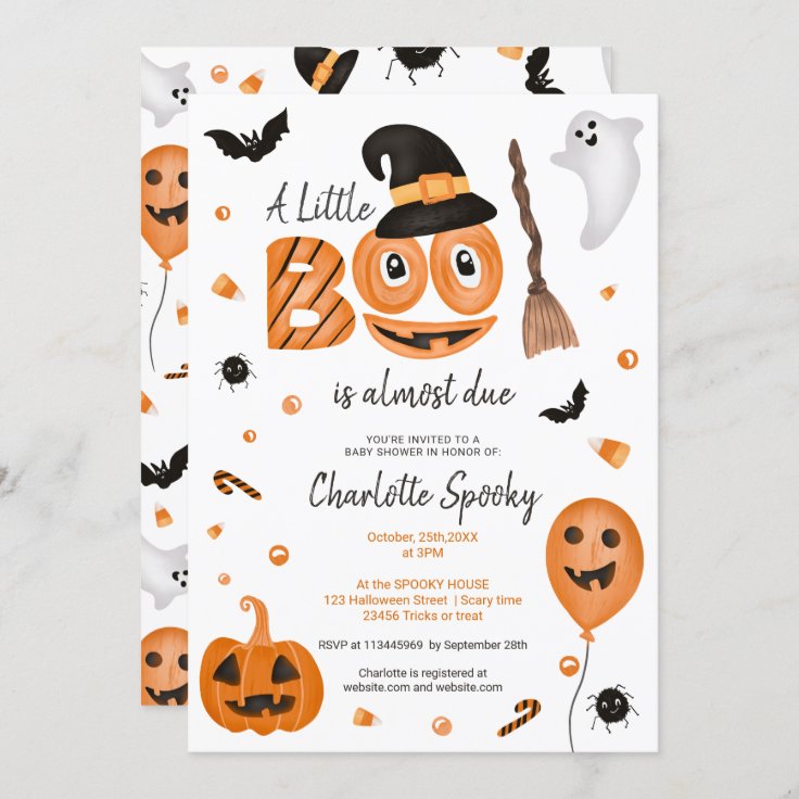 Cute pumpkin Halloween little boo cool baby shower Invitation | Zazzle