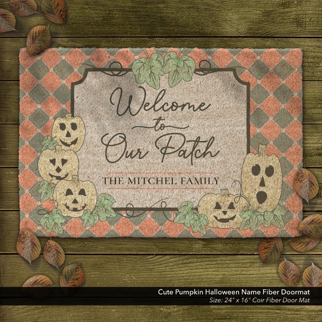 Cute Pumpkin Halloween Name Fiber Doormat (Cute Country Pumpkin Halloween Fiber Doormat Customized with Your Name.)