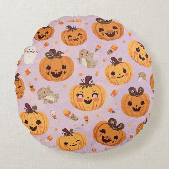 Cute Pumpkin Halloween Round Pillow (Front)