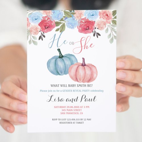 Cute Pumpkin He or She Gender Reveal Invitation