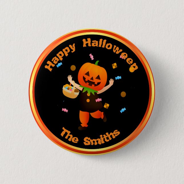 Cute Pumpkin Head Trick or Treater Halloween Button (Front)