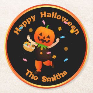 Cute Pumpkin Head Trick or Treater Halloween Round Paper Coaster